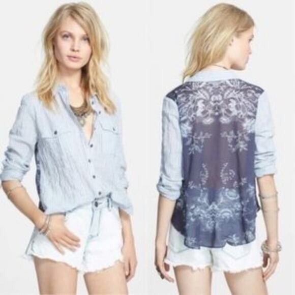 Free People Party In The Back Button Down Striped Floral Print Shirt‎ Small - Picture 1 of 6